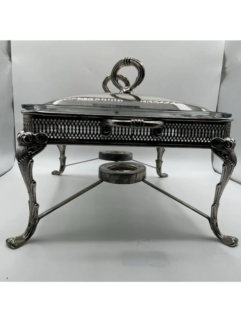 Vintage Silverplate Double Chafing Dish Buffet Server Glass Inserts Ornate Warm